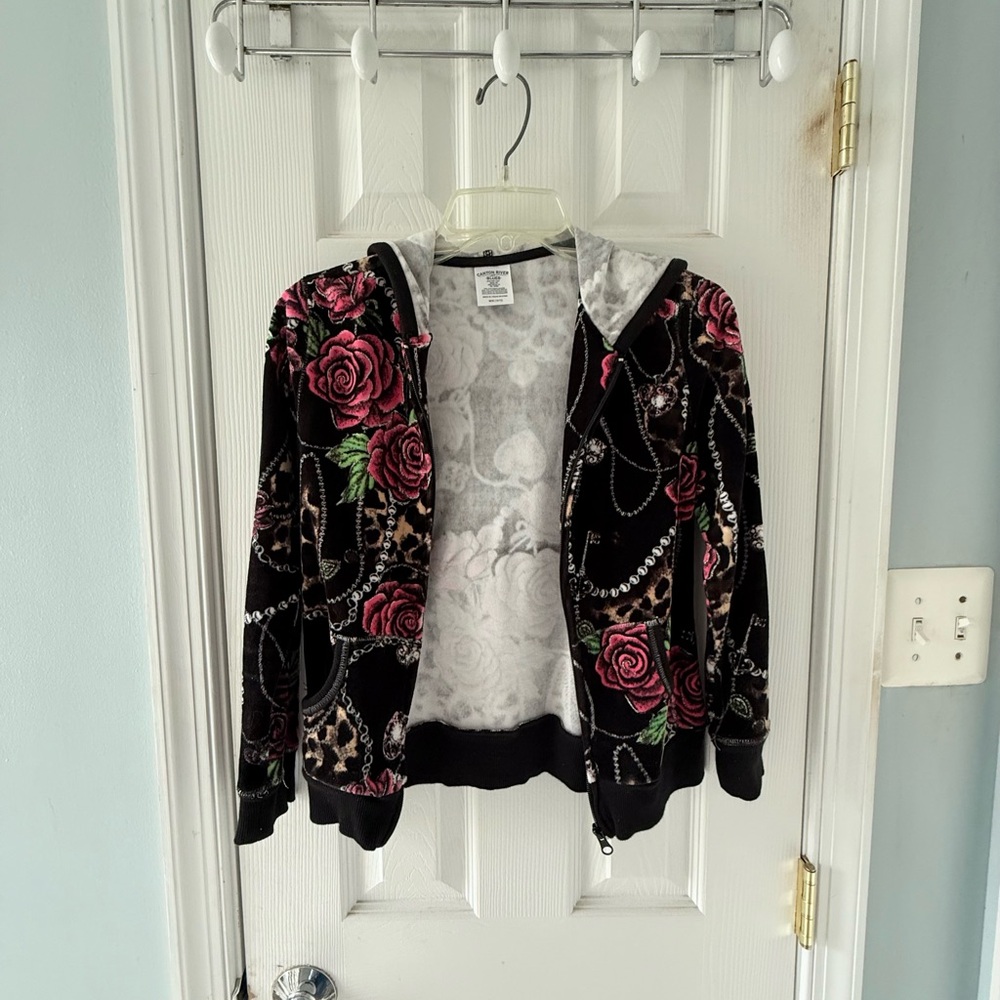 Y2K Velour Zip-Up Hoodie – Rose & Leopard Print
